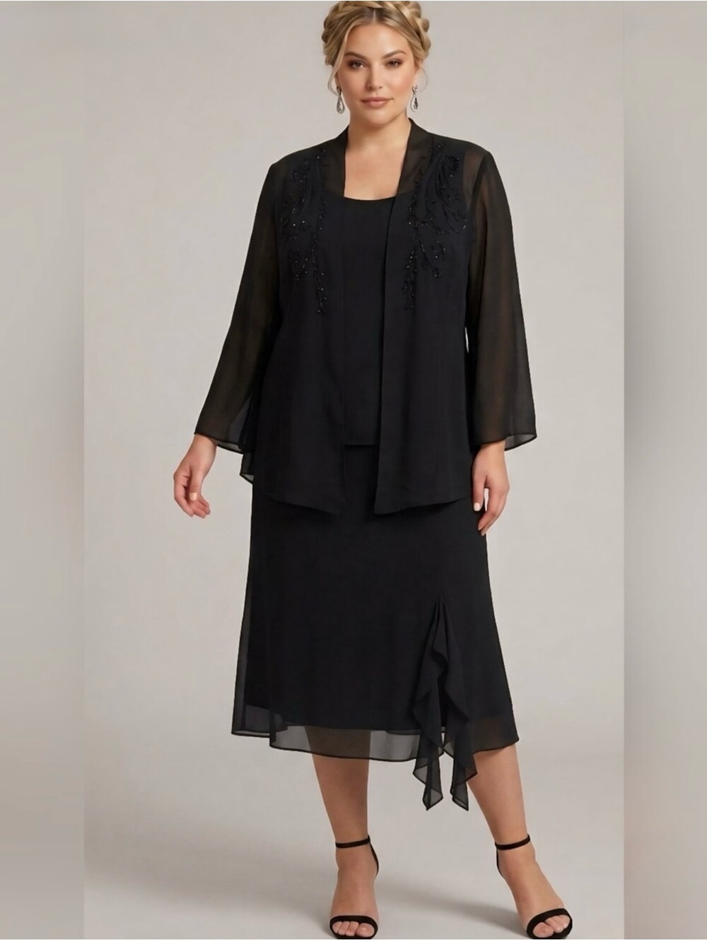 R&M Richards Formal Embellished Maxi Dress Set with Sheer Embellished Jacket 18W